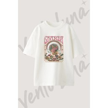 Hippie Kelebek Tasarım Baskılı Unisex Oversize Kalıp Beyaz Tshirt