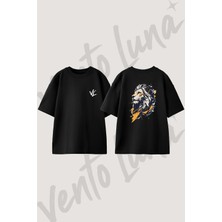 Aslan Kafasi Tasarım Sırt Baskılı Pamuk Siyah Oversize T-Shirt