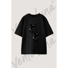 Kara KEDI_18 Tasarım Baskılı Unisex Oversize Kalıp Siyah Tshirt