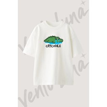 Crycodil Tasarım Baskılı Unisex Oversize Kalıp Beyaz Tshirt