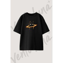 Ates Tilki Tasarım Baskılı Unisex Oversize Kalıp Siyah Tshirt