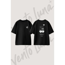 Black Cherry Heart Tasarım Sırt Baskılı Pamuk Siyah Oversize T-Shirt
