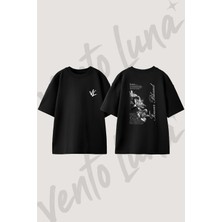 Black White Lily Tasarım Sırt Baskılı Pamuk Siyah Oversize T-Shirt