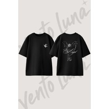 Angel Tasarım Sırt Baskılı Pamuk Siyah Oversize T-Shirt