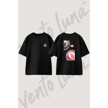 8 Ball Leopard Cupid Tasarım Sırt Baskılı Pamuk Siyah Oversize T-Shirt