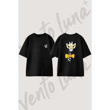 Giraffe Glasses Bowtie Tasarım Sırt Baskılı Pamuk Siyah Oversize T-Shirt