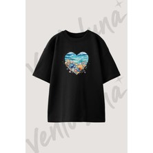 Seashell Heart_1 Tasarım Baskılı Unisex Oversize Kalıp Siyah Tshirt