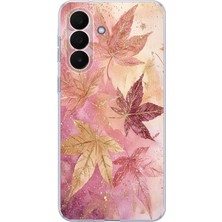 TechTree Samsung Galaxy A27 Uyumlu Pembe ve Bordo Tonlu Yaprak Baskılı Silikon Kılıf