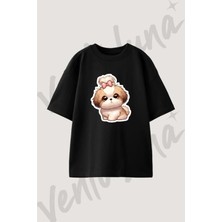 Cute Puppy Tasarım Baskılı Unisex Oversize Kalıp Siyah Tshirt