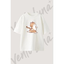 Cartoon Cat Glasses Tasarım Baskılı Unisex Oversize Kalıp Beyaz Tshirt
