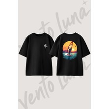 Windsurf Sunset Tasarım Sırt Baskılı Pamuk Siyah Oversize T-Shirt