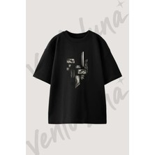 Wolf Geometric Tasarım Baskılı Unisex Oversize Kalıp Siyah Tshirt