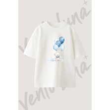 Mavi Ayicik Balon Tasarım Baskılı Unisex Oversize Kalıp Beyaz Tshirt