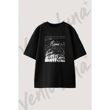 Colosseum Rome_1 Tasarım Baskılı Unisex Oversize Kalıp Siyah Tshirt