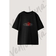 Kozmik Kalp_1 Tasarım Baskılı Unisex Oversize Kalıp Siyah Tshirt