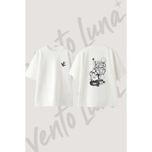 Hirono Omori Tasarım Sırt Baskılı Pamuk Beyaz Oversize T-Shirt
