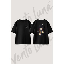 Kedi Gokkusagi Yildiz Tasarım Sırt Baskılı Pamuk Siyah Oversize T-Shirt