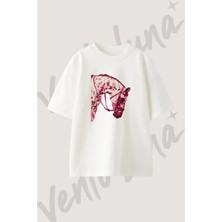 Pembe Appaloosa Tasarım Baskılı Unisex Oversize Kalıp Beyaz Tshirt
