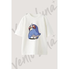Mavi Yorgun Kus Tasarım Baskılı Unisex Oversize Kalıp Beyaz Tshirt