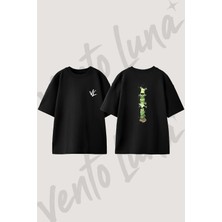 Kurbaga Boy Olcer Tasarım Sırt Baskılı Pamuk Siyah Oversize T-Shirt