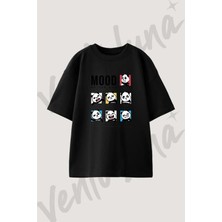 Panda Moods Tasarım Baskılı Unisex Oversize Kalıp Siyah Tshirt