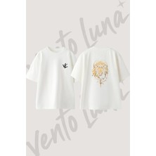 Lion Head Tasarım Sırt Baskılı Pamuk Beyaz Oversize T-Shirt