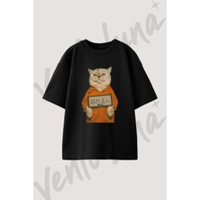 Grumpy Cat Prisoner Tasarım Baskılı Unisex Oversize Kalıp Siyah Tshirt