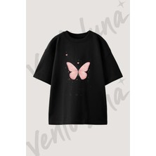 Pink Butterfly_1 Tasarım Baskılı Unisex Oversize Kalıp Siyah Tshirt