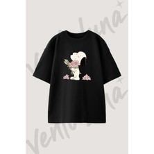 Snoopy Flower Tasarım Baskılı Unisex Oversize Kalıp Siyah Tshirt