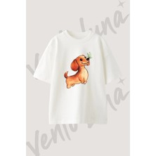 Daksund Kelebek Tasarım Baskılı Unisex Oversize Kalıp Beyaz Tshirt