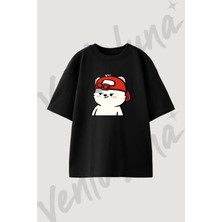 Bear Red Cap Tasarım Baskılı Unisex Oversize Kalıp Siyah Tshirt