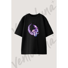 Betta Ay Tasarım Baskılı Unisex Oversize Kalıp Siyah Tshirt