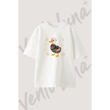 Samuray Ordek Tasarım Baskılı Unisex Oversize Kalıp Beyaz Tshirt
