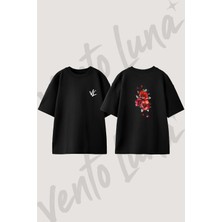 Kirmizi Gelincik Tasarım Sırt Baskılı Pamuk Siyah Oversize T-Shirt
