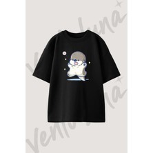 Kawaii Otter_1 Tasarım Baskılı Unisex Oversize Kalıp Siyah Tshirt