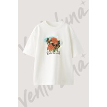 Kelebek Cicek Tasarım Baskılı Unisex Oversize Kalıp Beyaz Tshirt
