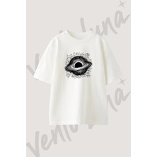 Black Hole Tasarım Baskılı Unisex Oversize Kalıp Beyaz Tshirt