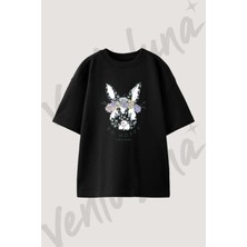 Bunny Flower Crown Tasarım Baskılı Unisex Oversize Kalıp Siyah Tshirt