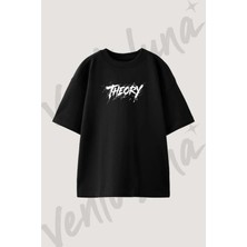 Theory Ink Splatter Tasarım Baskılı Unisex Oversize Kalıp Siyah Tshirt