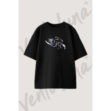 Klasik Motosiklet Tasarım Baskılı Unisex Oversize Kalıp Siyah Tshirt
