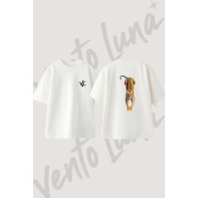 Striped Tiger Tasarım Sırt Baskılı Pamuk Beyaz Oversize T-Shirt