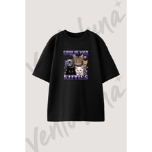 Yavru Kediler Tasarım Baskılı Unisex Oversize Kalıp Siyah Tshirt