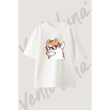 Cool Cat_1 Tasarım Baskılı Unisex Oversize Kalıp Beyaz Tshirt