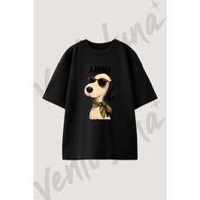 Snoopy Kopek Tasarım Baskılı Unisex Oversize Kalıp Siyah Tshirt