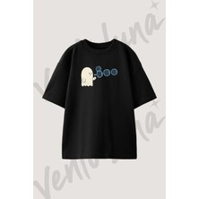 Boo Ghost Tasarım Baskılı Unisex Oversize Kalıp Siyah Tshirt