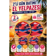 Open City 2'li Gün Batımı Palmiye Desenli Katlanabilir El Yelpazesi Kılıflı Yuvarlak Cep Yelpazesi Pratik