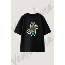 Surfboard Paddle Tasarım Baskılı Unisex Oversize Kalıp Siyah Tshirt