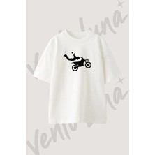 Freestyle Motocross Tasarım Baskılı Unisex Oversize Kalıp Beyaz Tshirt