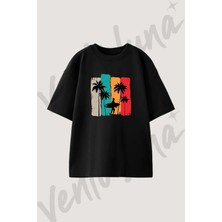 Surfer Palm Tasarım Baskılı Unisex Oversize Kalıp Siyah Tshirt