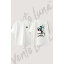 Motocross Love Tasarım Sırt Baskılı Pamuk Beyaz Oversize T-Shirt
